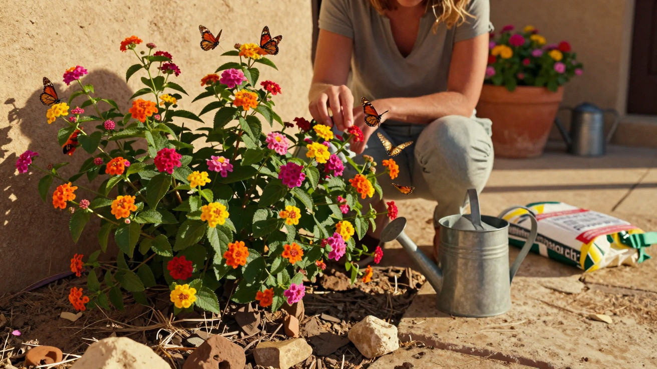 Person tending colourful lantana flowers with butterflies and gardening tools nearby in sunny outdoor space.