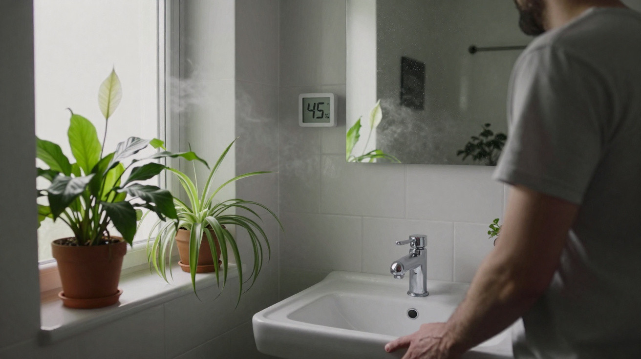 Man standing by a white bathroom sink with two potted plants on the windowsill and a digital hygrometer reading 45%.