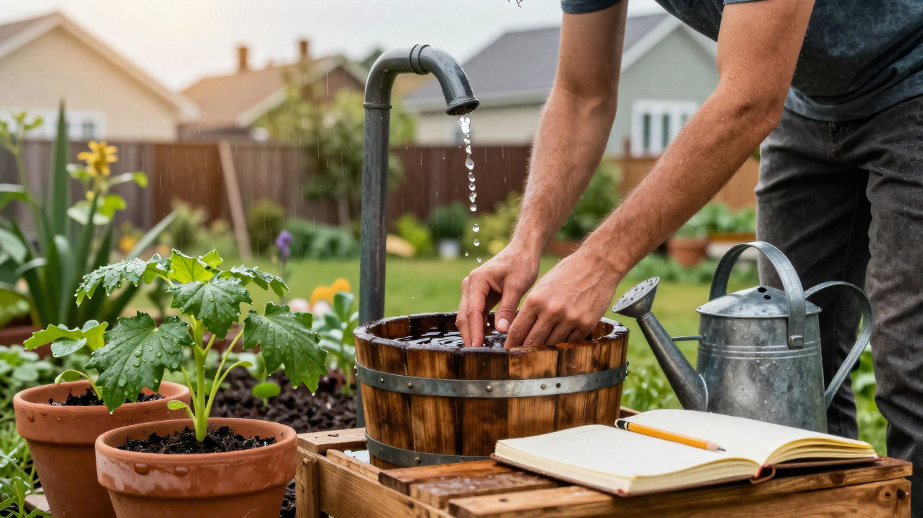 Person washing hands under a garden tap beside potted plants, watering can, and an open notebook outdoors.