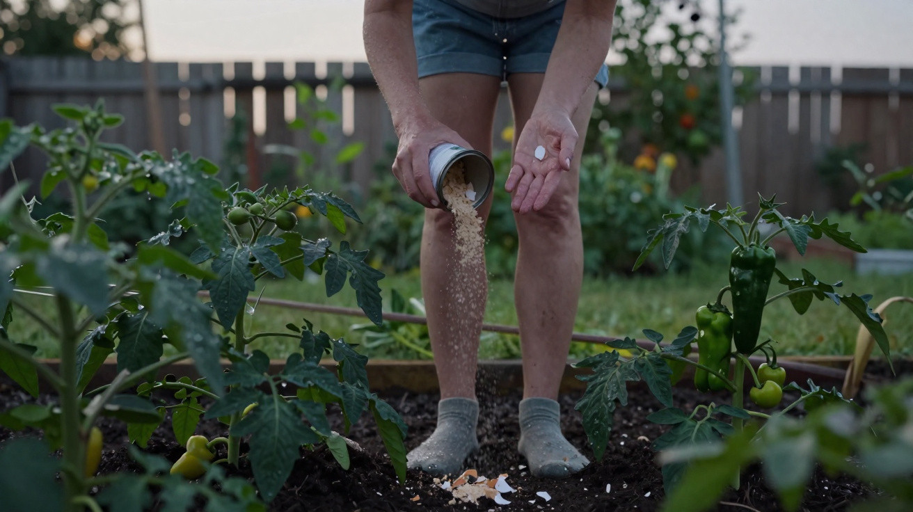 Person sprinkling egg shells as fertiliser in vegetable garden with green plants and wooden fence background