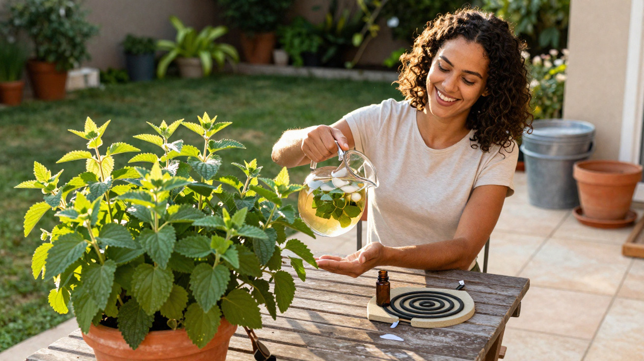 Woman pouring herbal tea from a glass pitcher while sitting at a wooden garden table outdoors