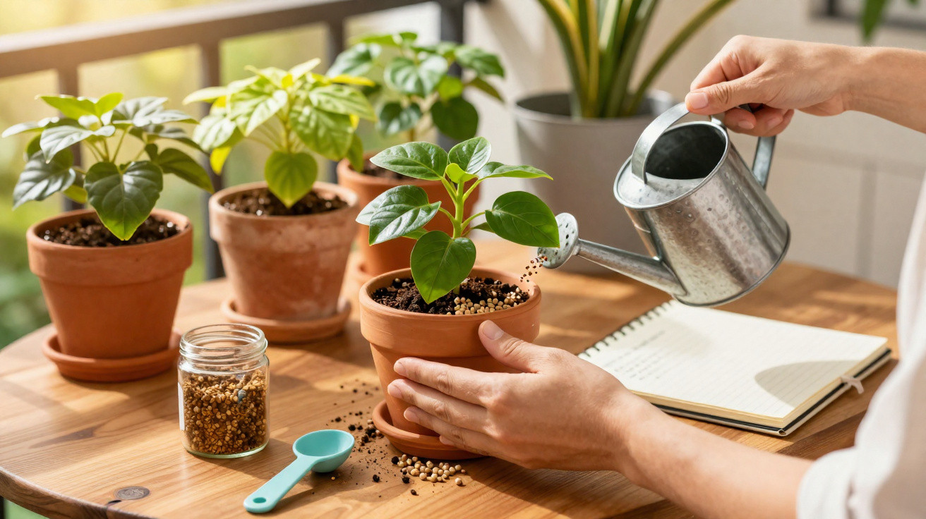 Hands watering a potted plant on a wooden table with three other potted plants and gardening tools nearby.