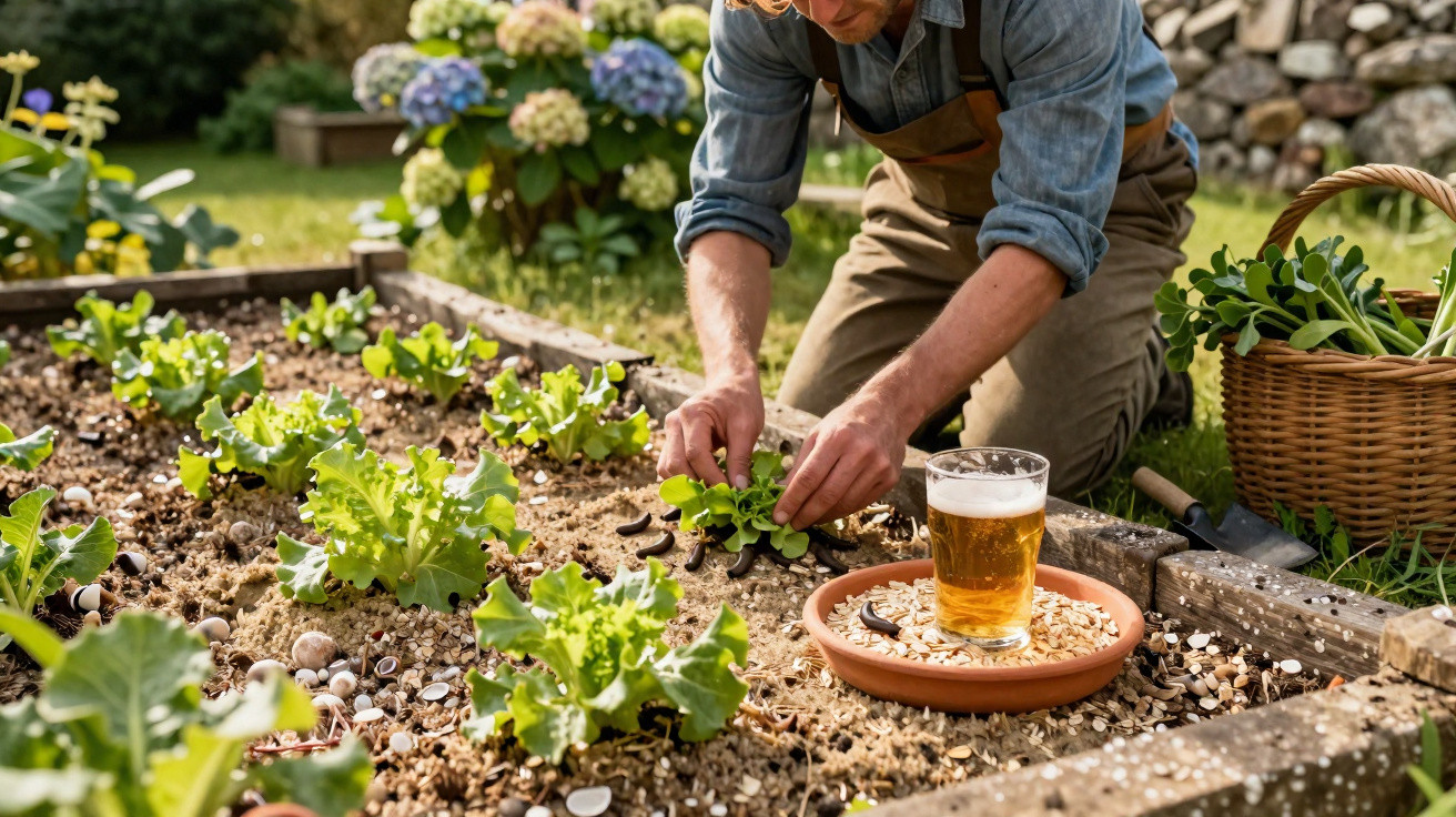 Person planting lettuce seedlings in a garden bed beside a glass of beer and a basket of plants.