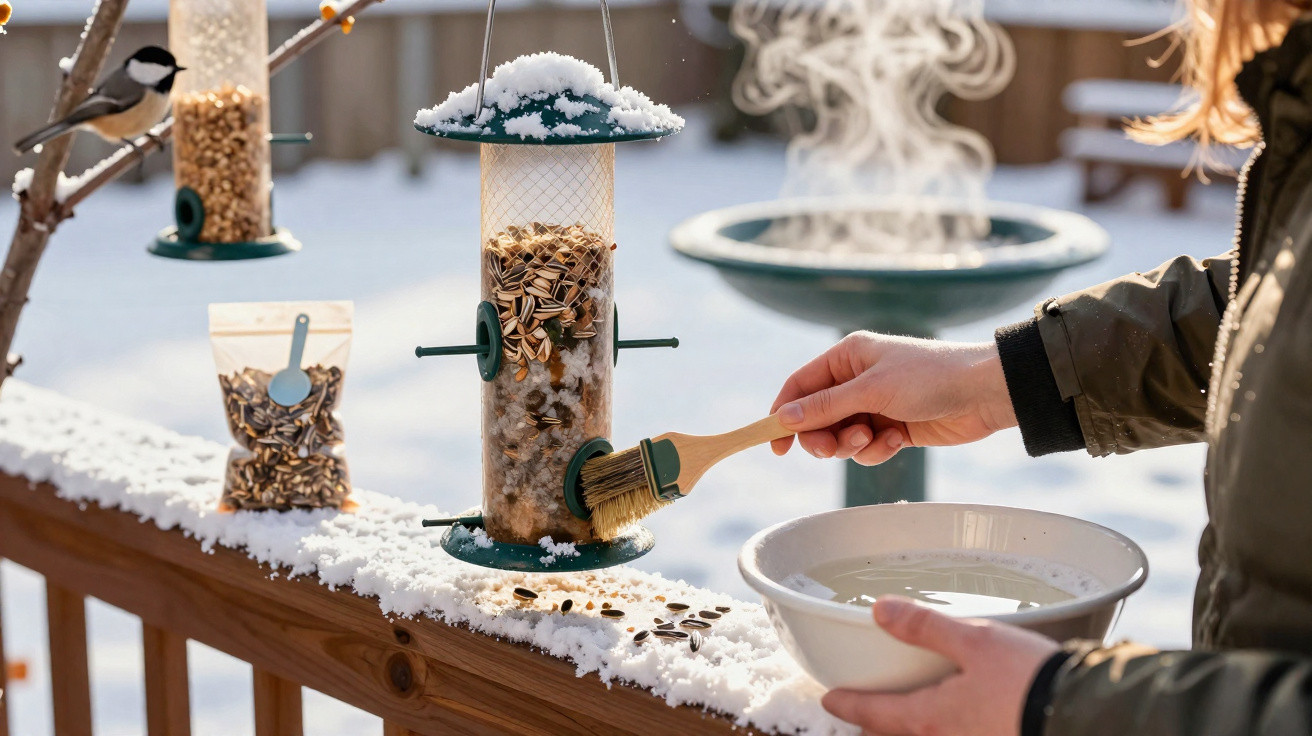 Person cleaning a snow-covered bird feeder with a small brush on a snowy wooden railing.