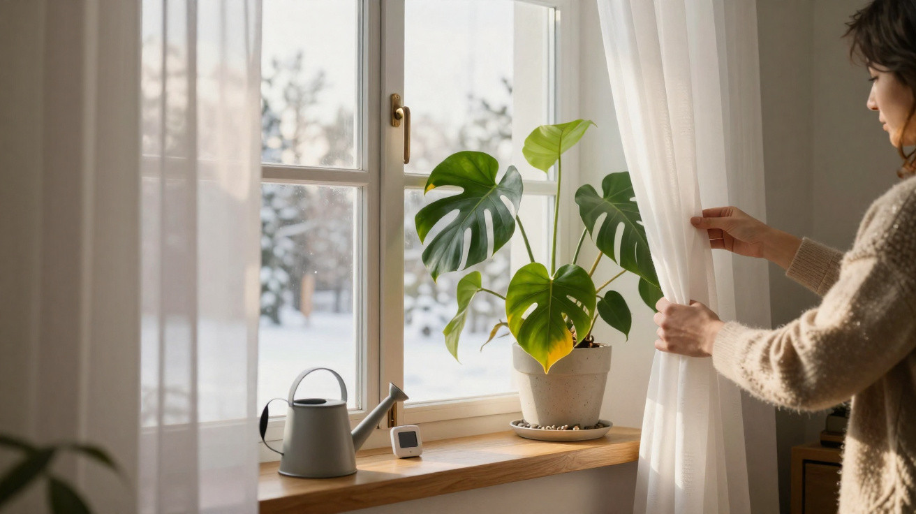 Woman opening curtain beside window with potted monstera plant, watering can, and snowy garden outside.