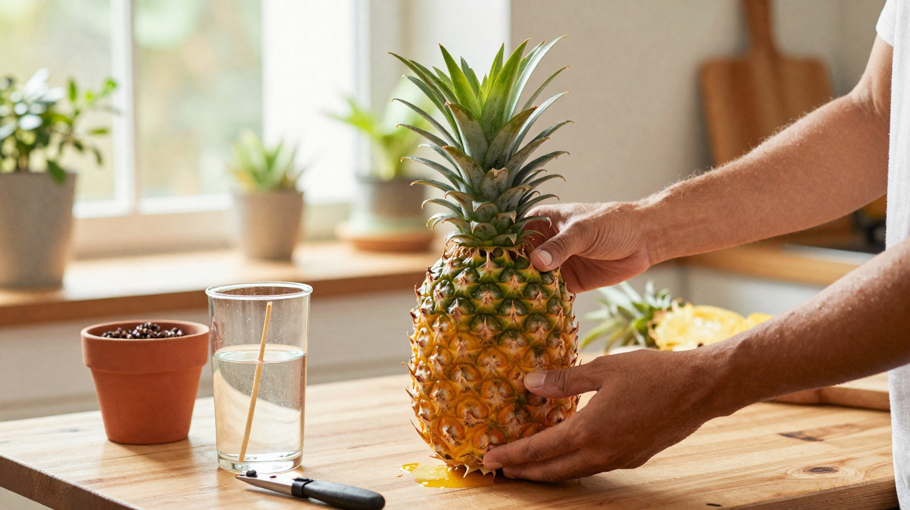 Person holding a pineapple on a wooden kitchen table with a glass of water, knife, and potted plants in the background.