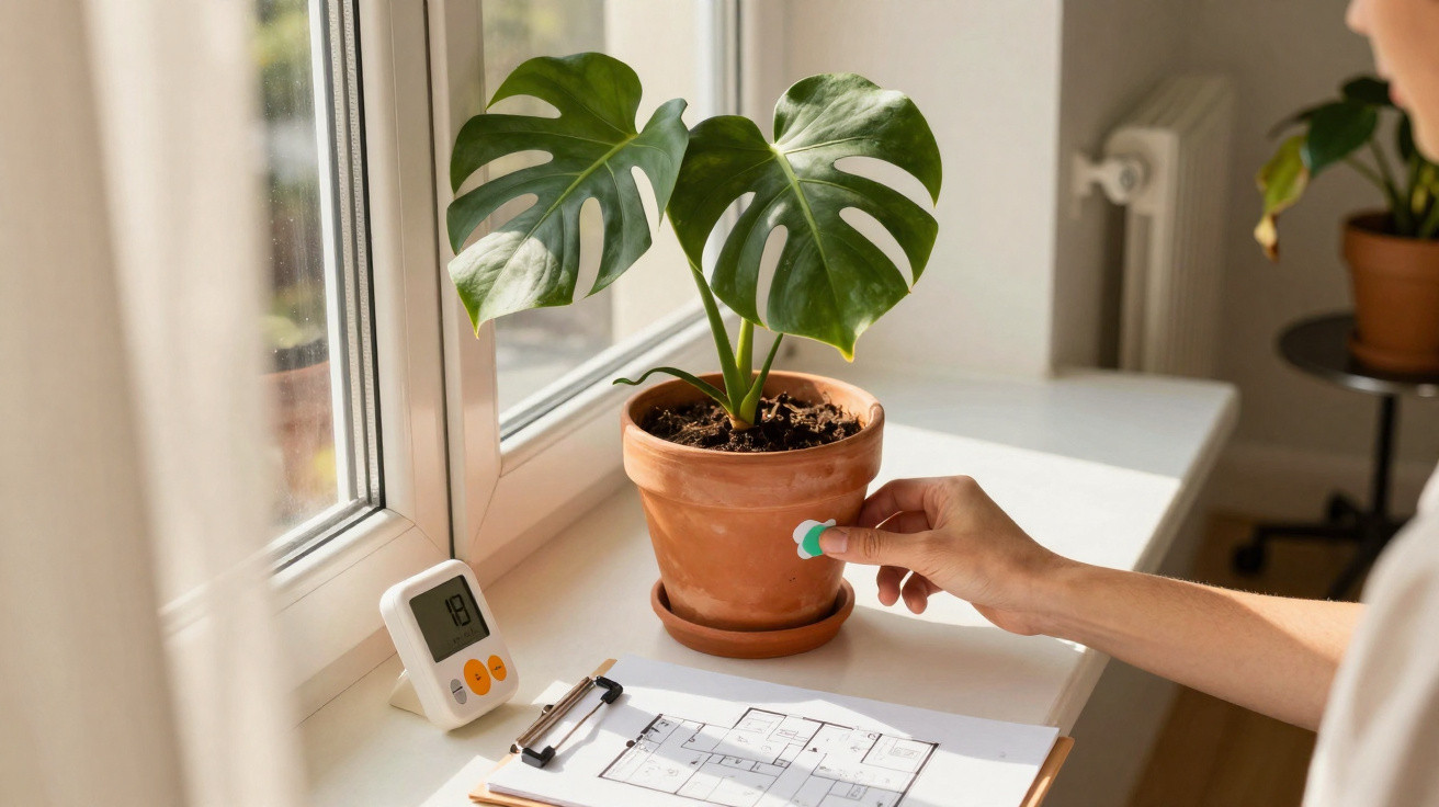 Hand adjusting moisture meter in soil of potted Monstera plant on windowsill next to floor plan and digital timer.
