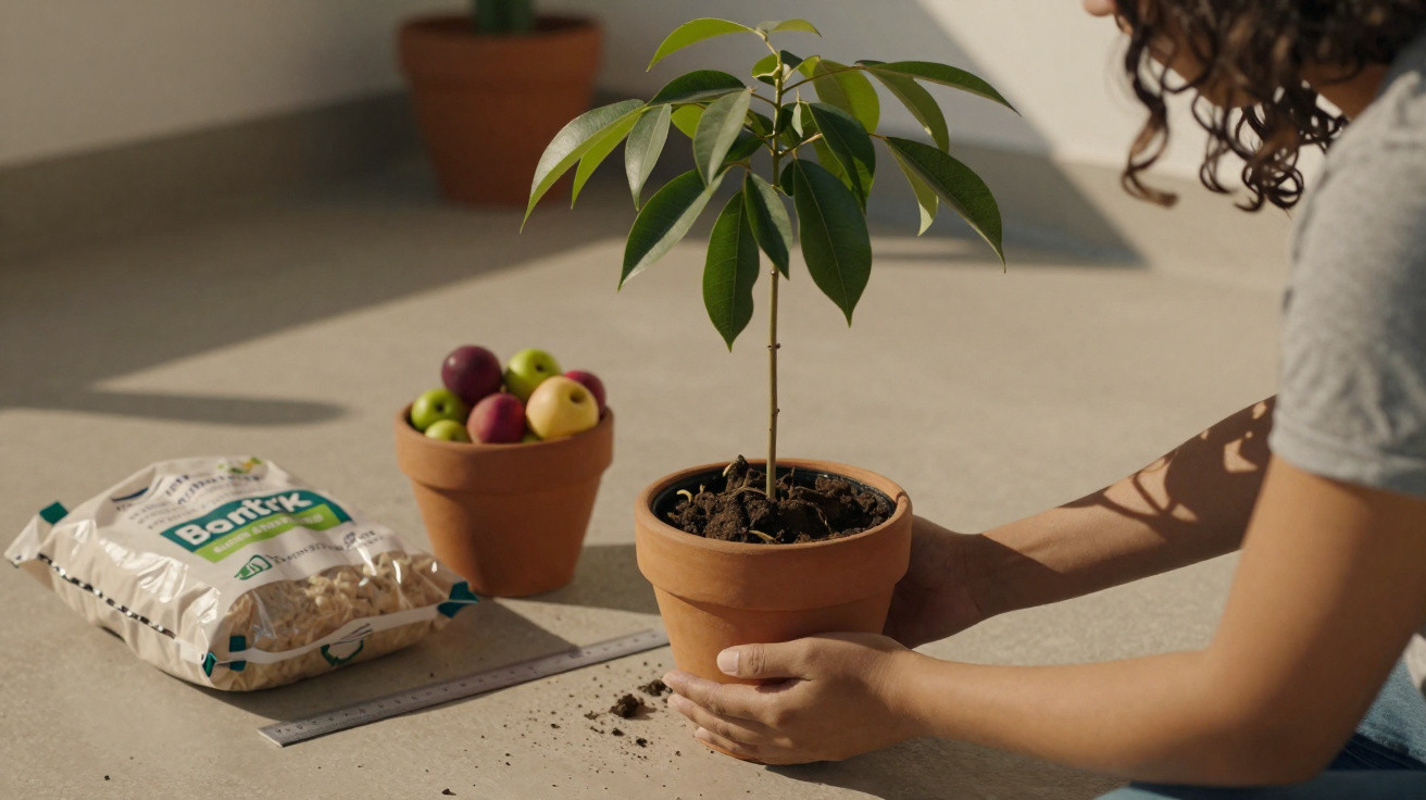 Person repotting a small green plant in a terracotta pot on a sunlit floor with gardening supplies nearby.