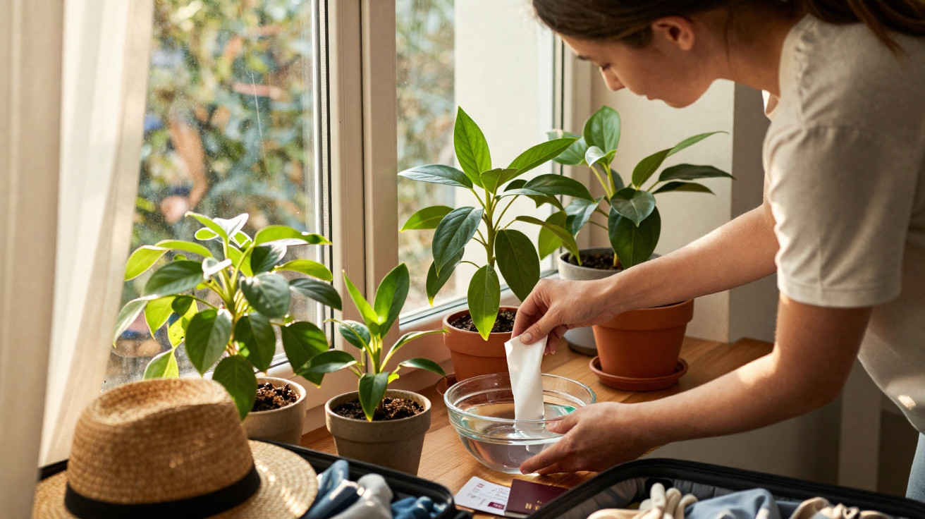 Woman dipping a wet wipe into a bowl of water near potted plants by a window.
