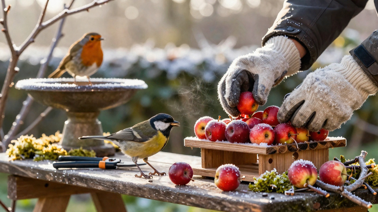 Hands in gloves placing small apples on a wooden platform feeder with birds nearby on a frosty morning.