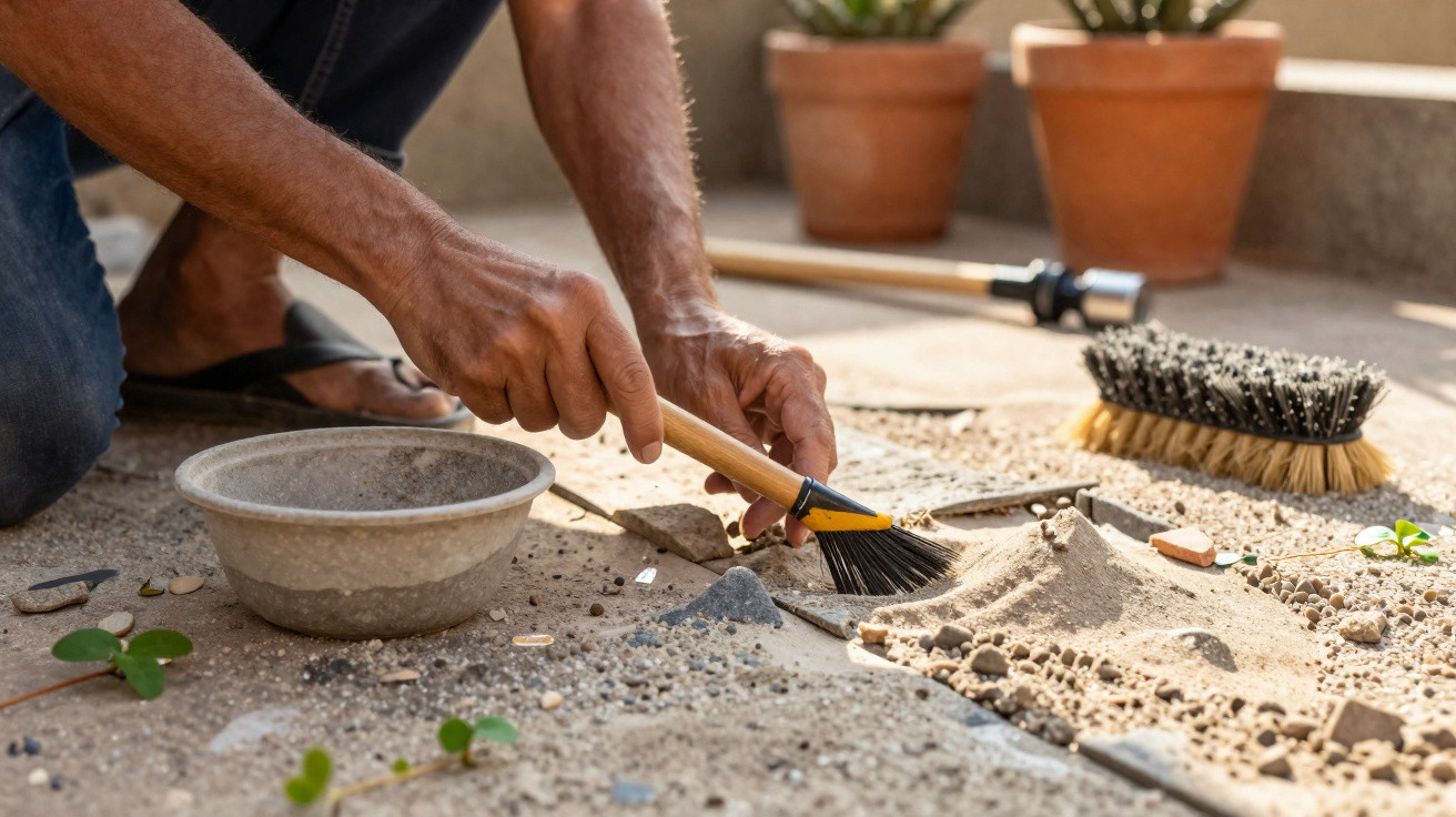 Person cleaning sand and debris from small stones with a brush beside a bowl and scrub brush outdoors.