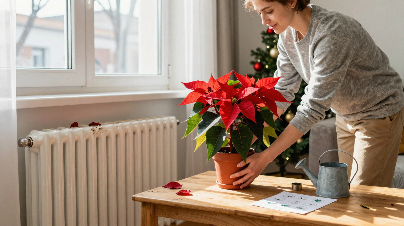 Person adjusting a red poinsettia plant on a wooden table near a radiator and Christmas tree indoors.