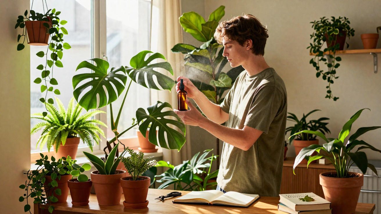 Young man watering various potted indoor plants on a wooden table by a sunlit window.