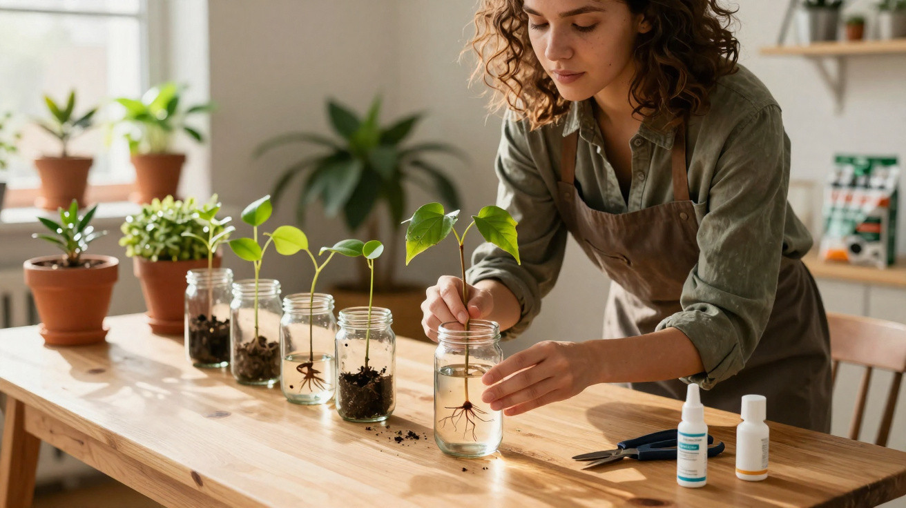 Woman examining plant roots in jars on a wooden table in a bright indoor setting with potted plants nearby.
