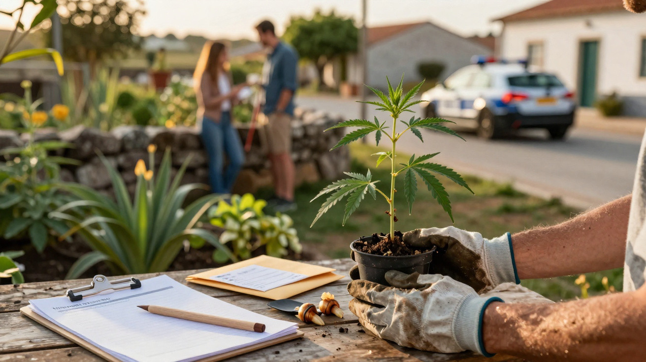 Person wearing gloves holding a young cannabis plant with clipboard and police car in the background outdoors.