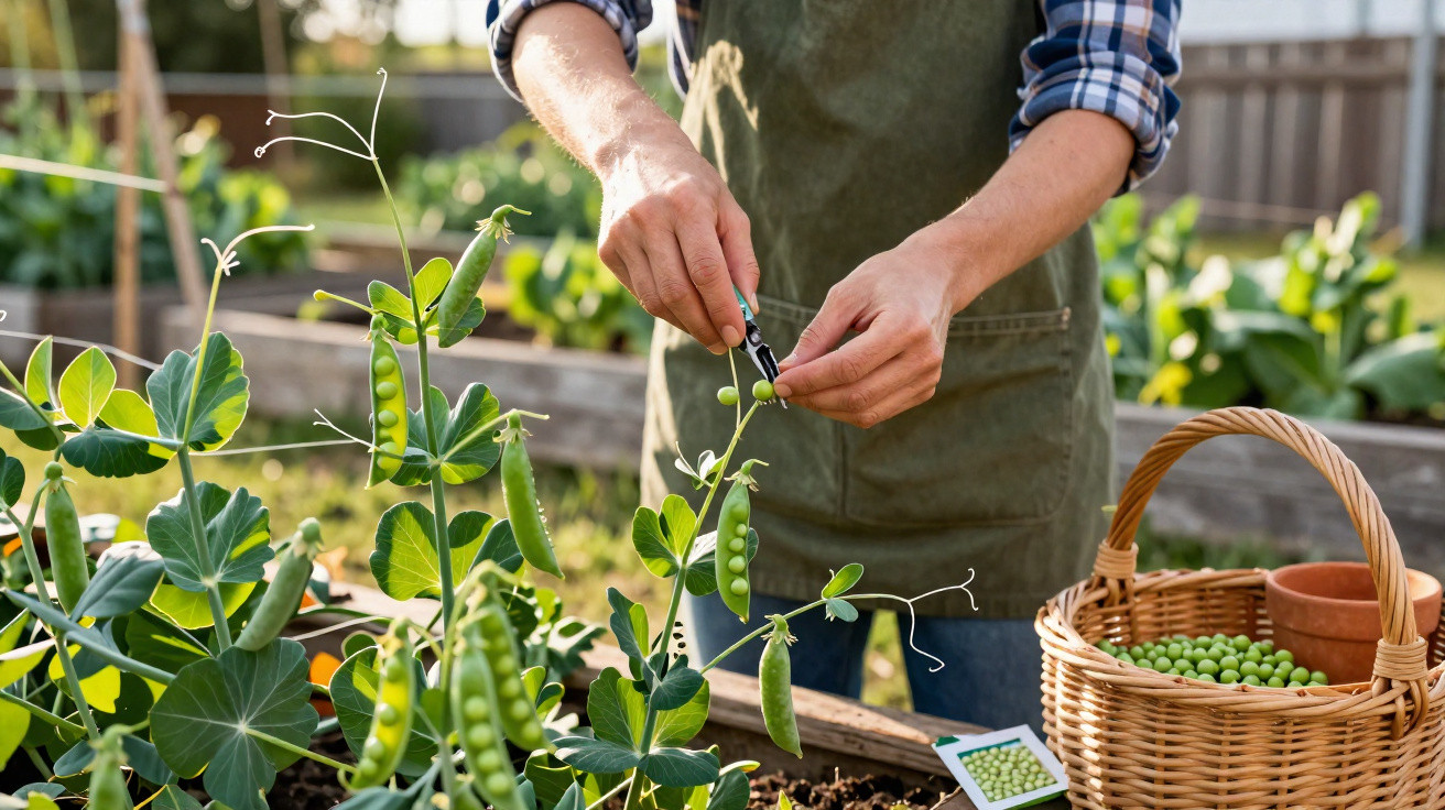 Person harvesting fresh green peas from a garden plant into a wicker basket outdoors.