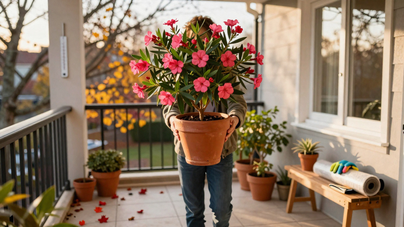 Person holding a large terracotta pot with blooming pink flowers on a sunlit balcony with plants and gardening gloves.