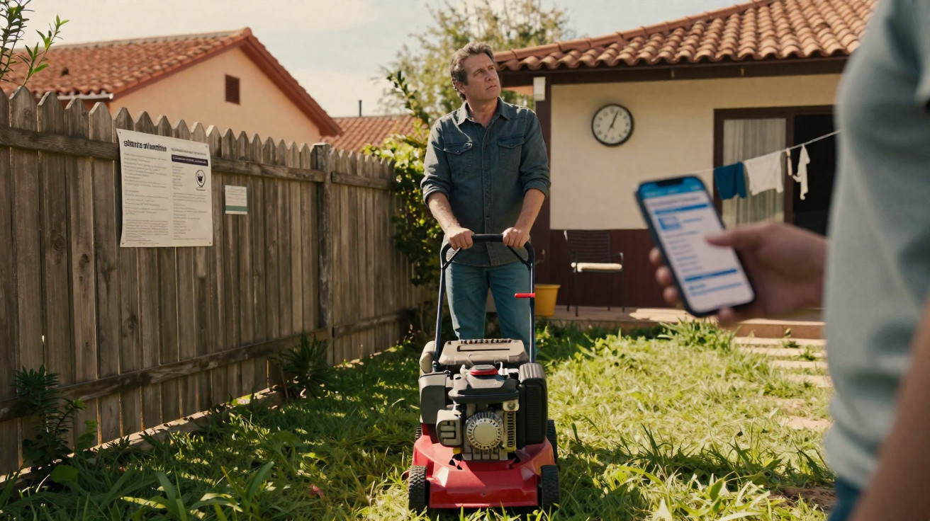 Man standing behind a lawnmower in overgrown grass beside a wooden fence, another person holding a smartphone nearby.