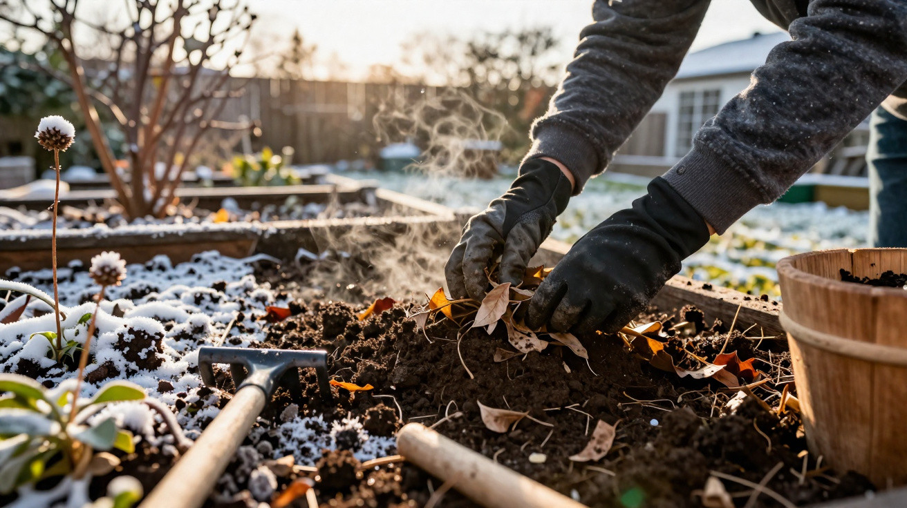 Person wearing gloves gardening in a raised bed with snow and frost on the soil in a winter garden.