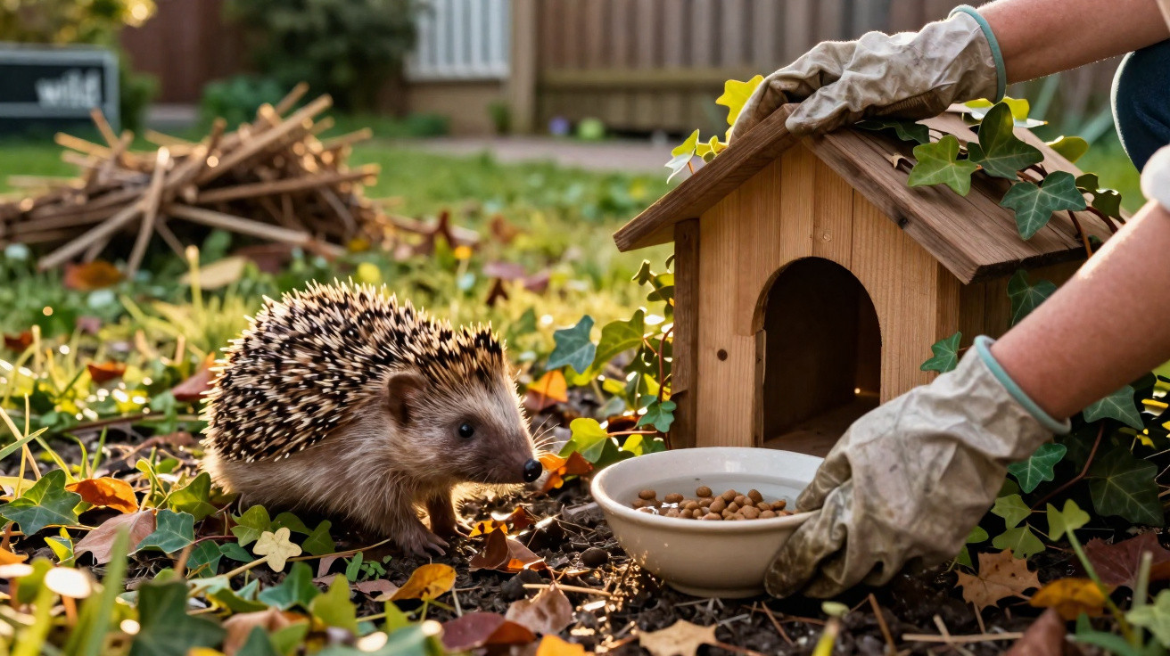A person wearing gloves places a bowl of food near a hedgehog beside a small wooden animal house in a garden.