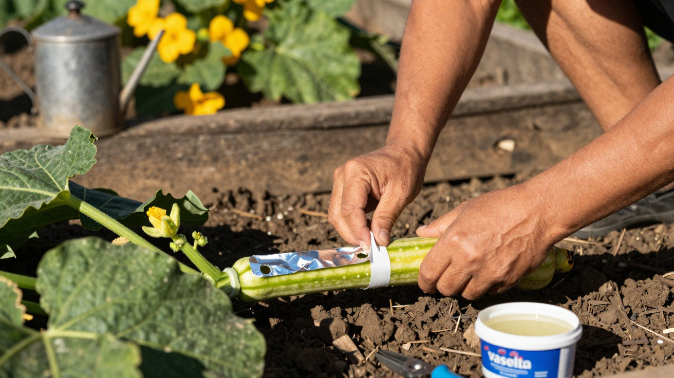 Person wrapping a young squash plant stem with reflective tape in a garden bed.