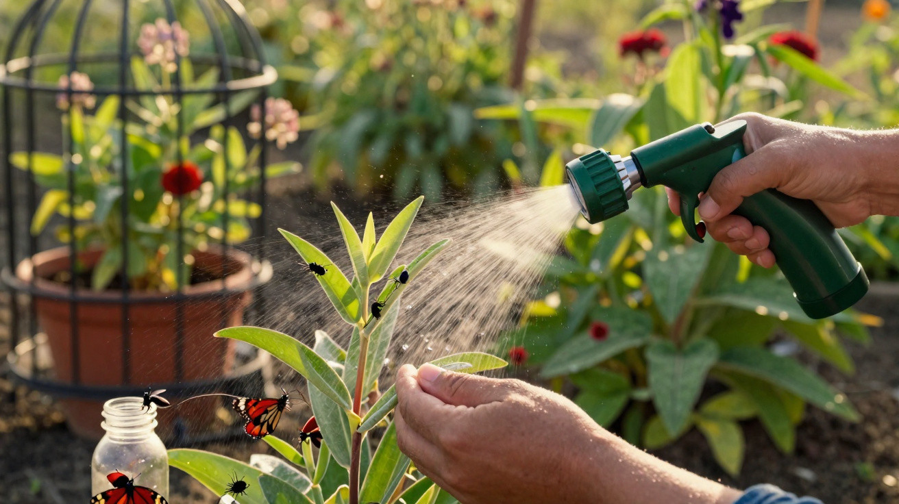 Hands spraying water on a plant infested with painted lady caterpillars and ladybugs in a garden.
