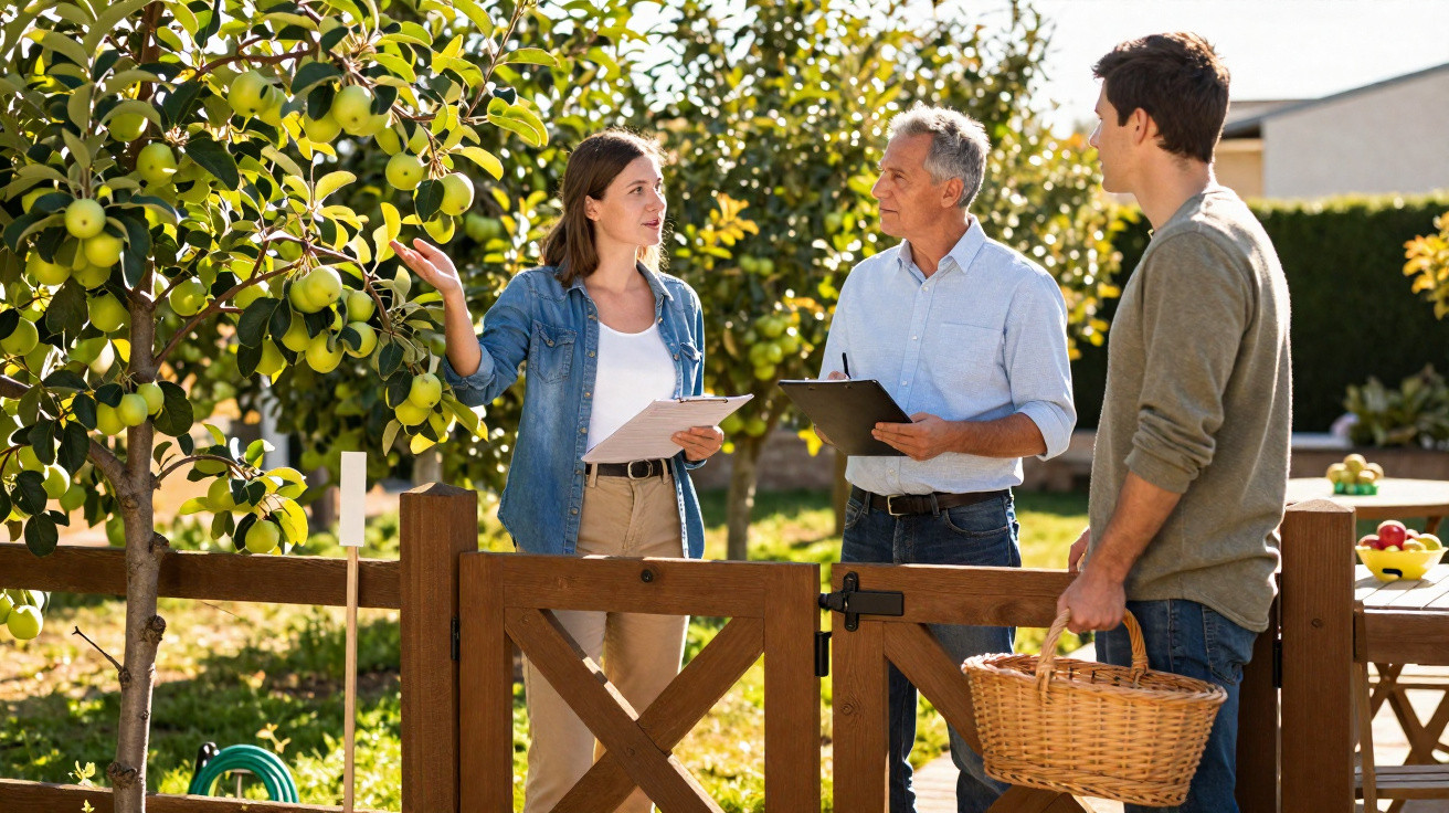 Three people discussing apple trees in an orchard, one holding a basket and two with clipboards.
