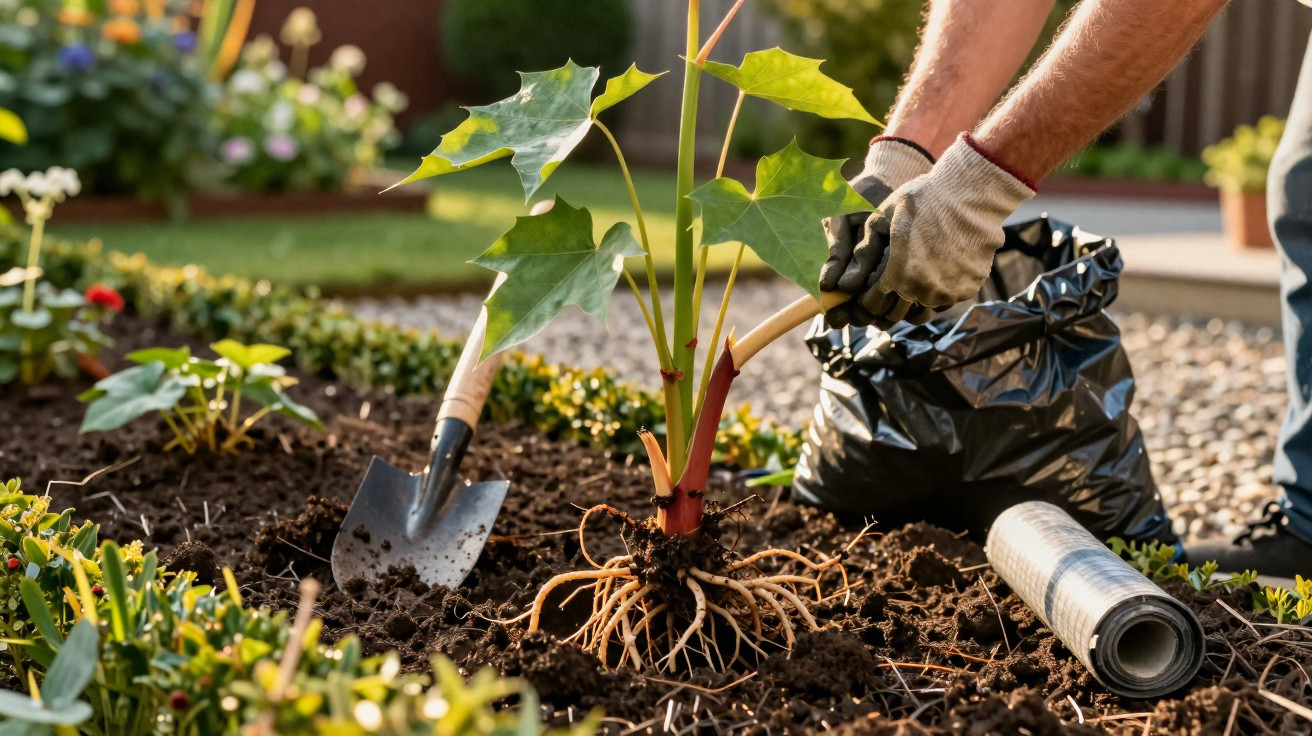 Person wearing gloves planting a young leafy plant in soil with gardening tools nearby.