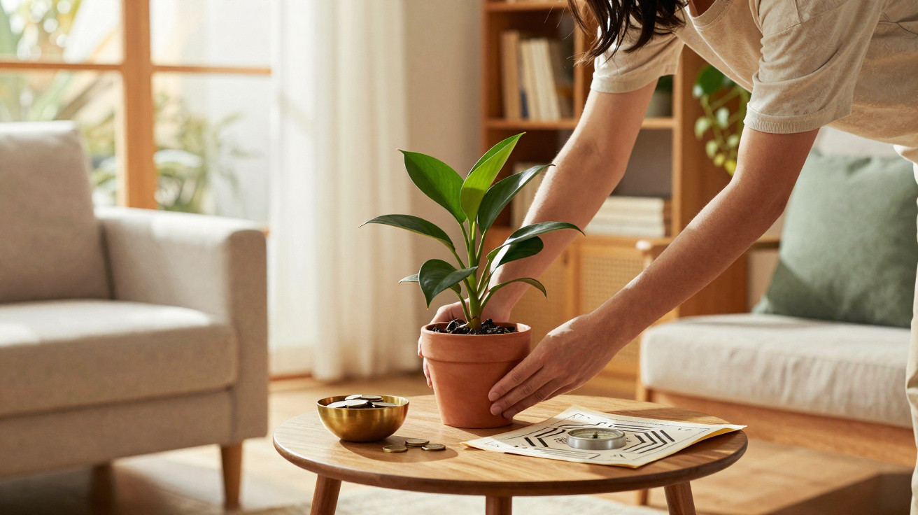 Person placing a small green potted plant on a wooden coffee table in a cosy, sunlit living room.