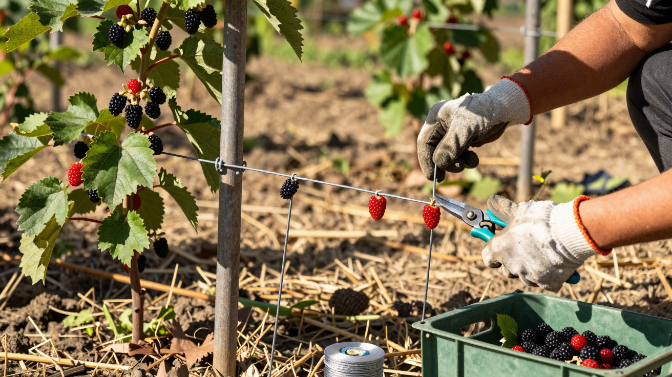 Hands wearing gloves harvesting ripe blackberries with pruning shears into a green box in a garden.