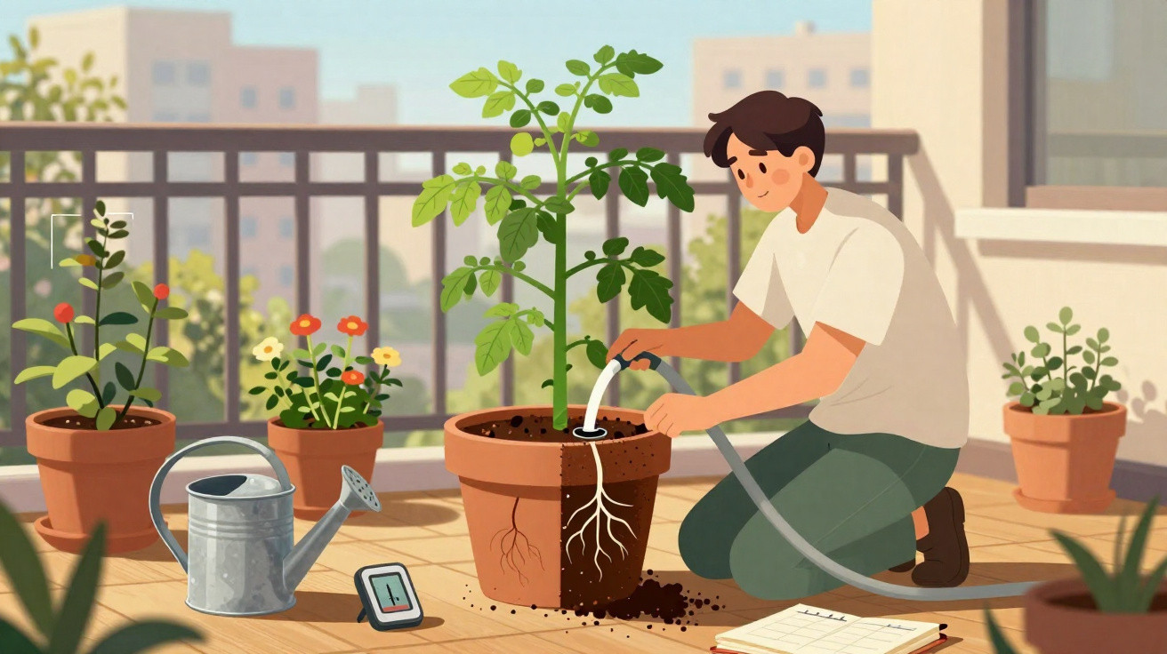 Person watering a tomato plant on a balcony with other potted plants and gardening tools nearby.