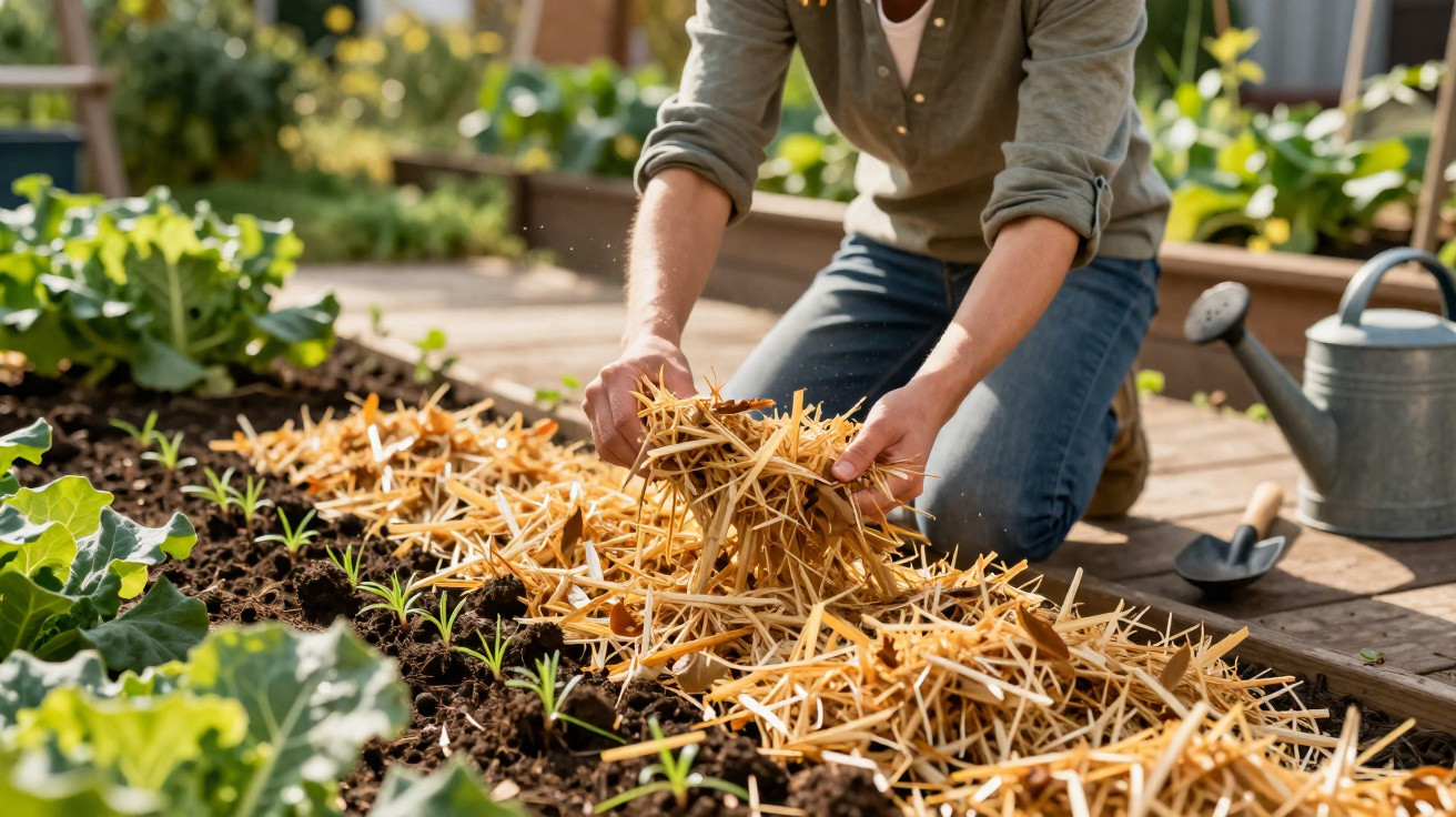 Person spreading straw mulch over vegetable seedlings in a garden bed next to leafy plants and a watering can.
