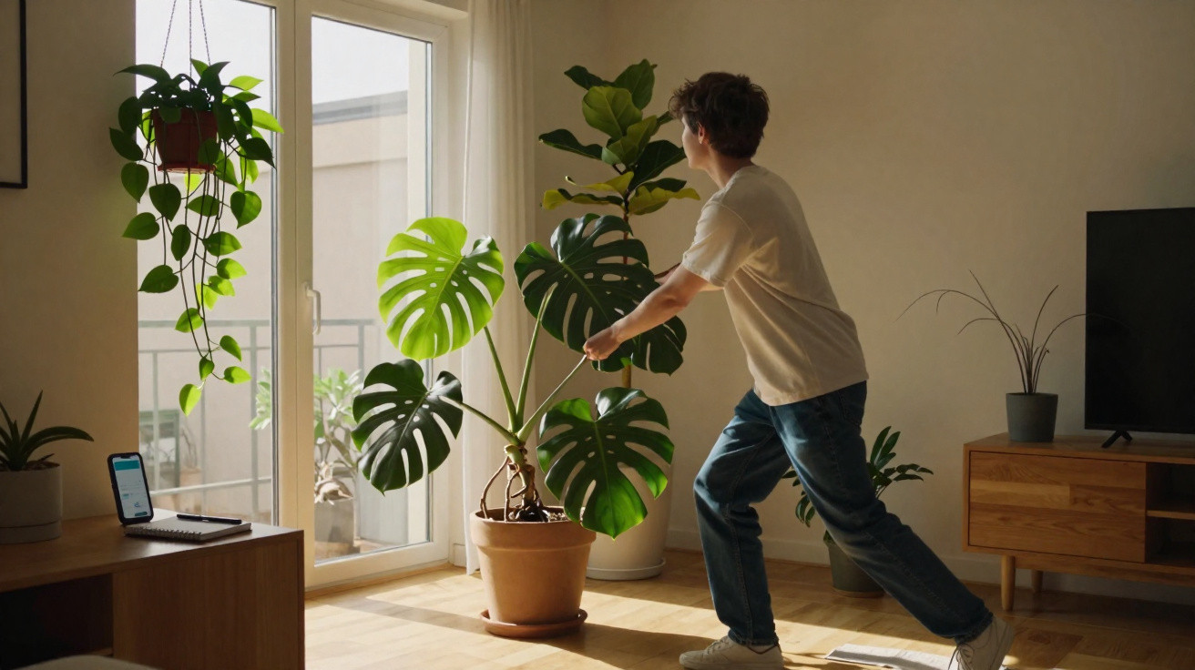 Child inside a living room pulling a large potted plant near a window with sunlight streaming in.