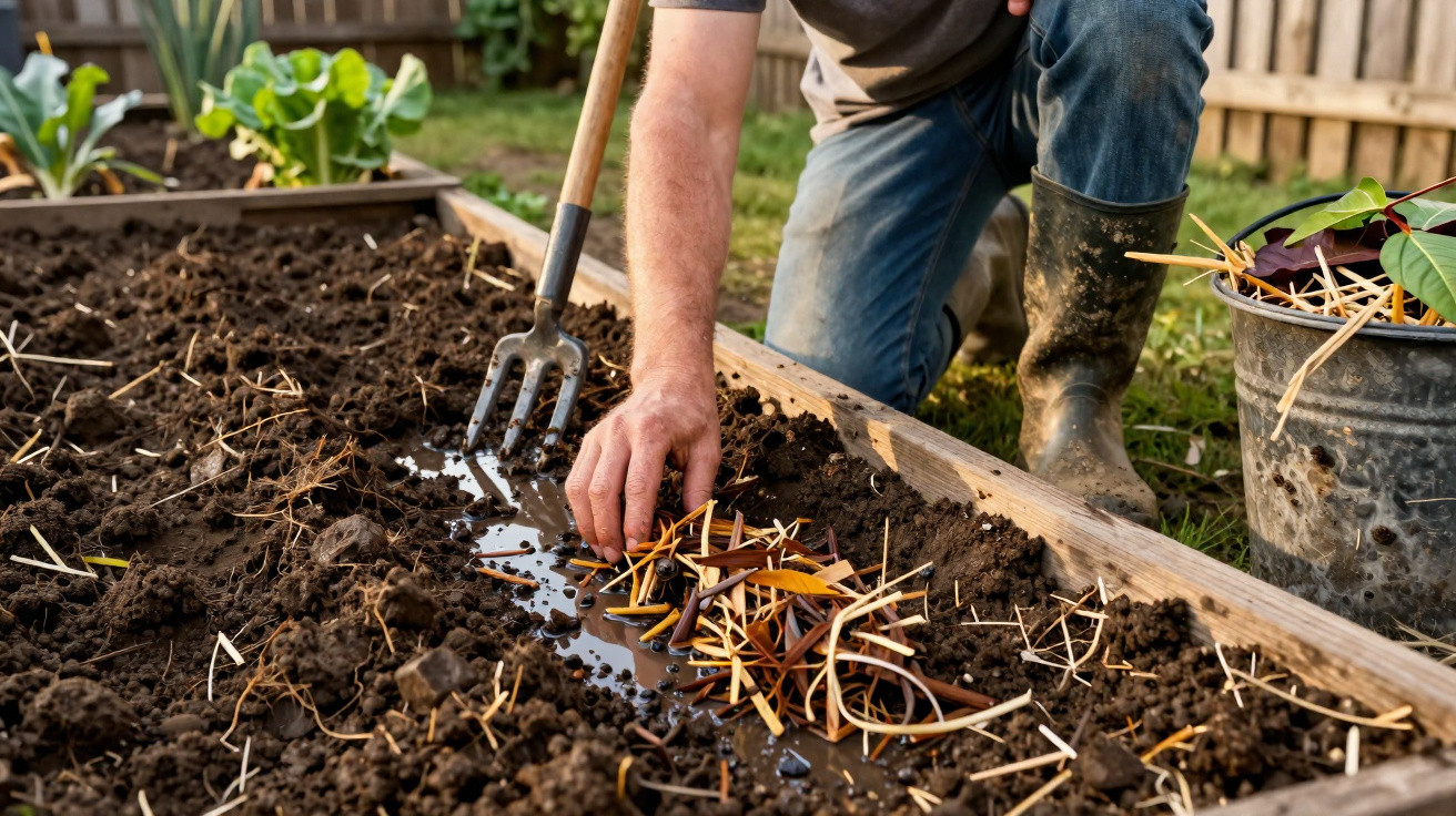 Person preparing soil with a garden fork and adding straw mulch in a raised garden bed outdoors.
