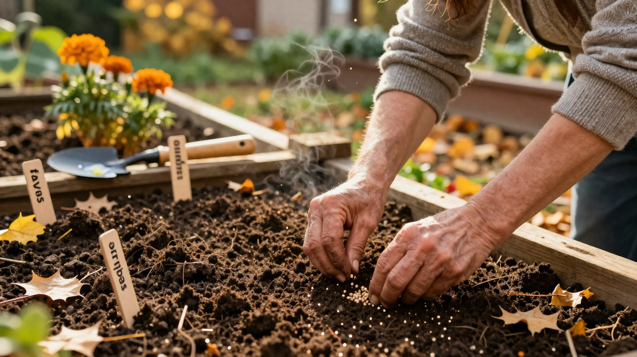 Hands planting seeds in a wooden garden bed with autumn leaves and labelled plant markers nearby.