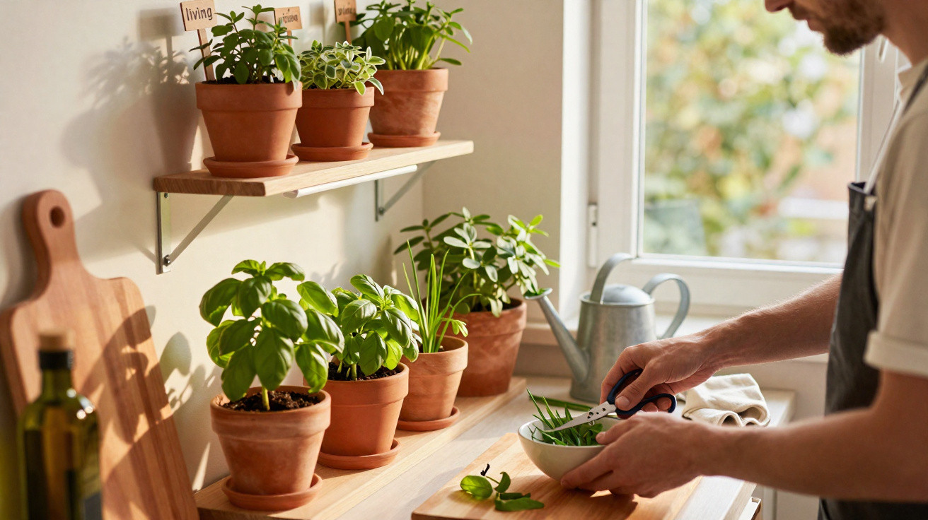 Person trimming fresh herbs from terracotta pots on a kitchen counter by a window in natural light.