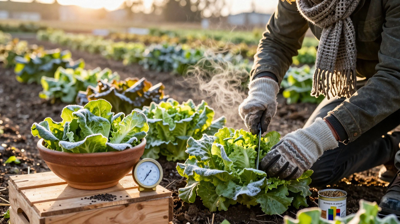 Person harvesting frosted lettuce in a garden during early morning with a thermometer and seed can nearby.