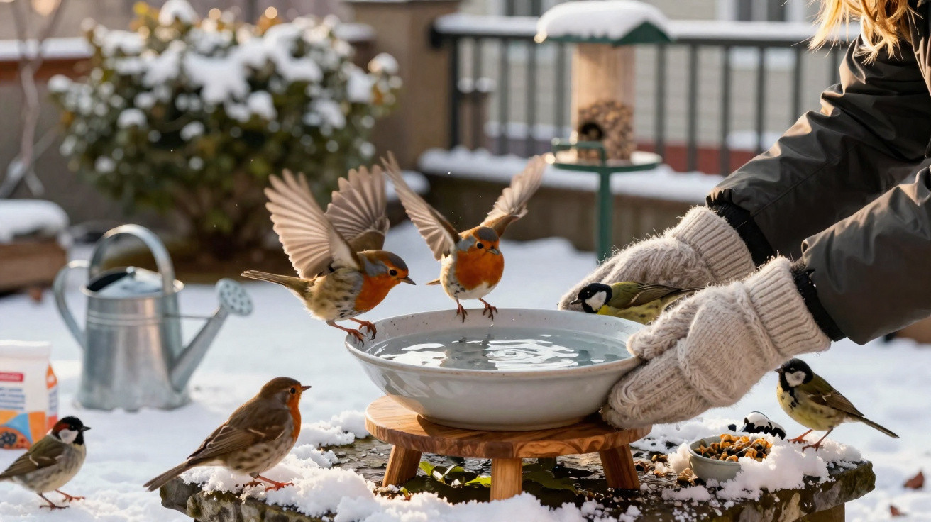 Two robins fly towards a bowl of water held by gloved hands in a snowy garden with other small birds nearby.