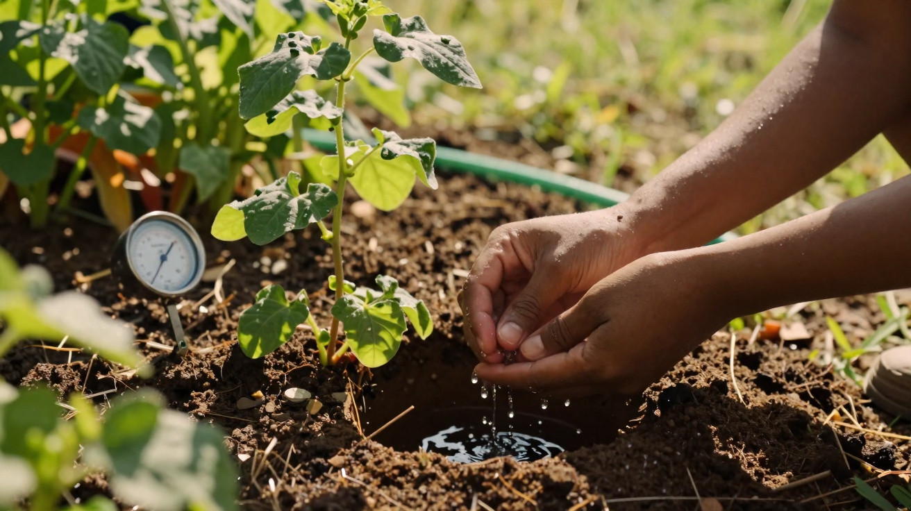 Hands watering a young plant in soil with a moisture meter nearby in a garden setting.