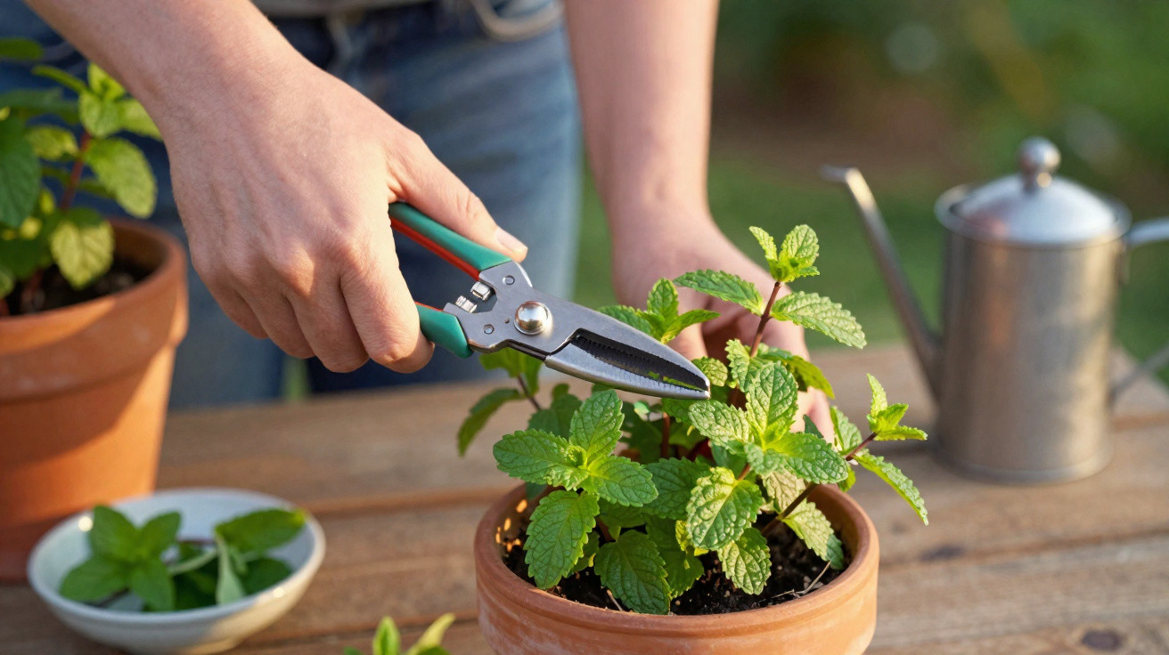 Person pruning fresh mint leaves in a terracotta pot on a wooden table outdoors.