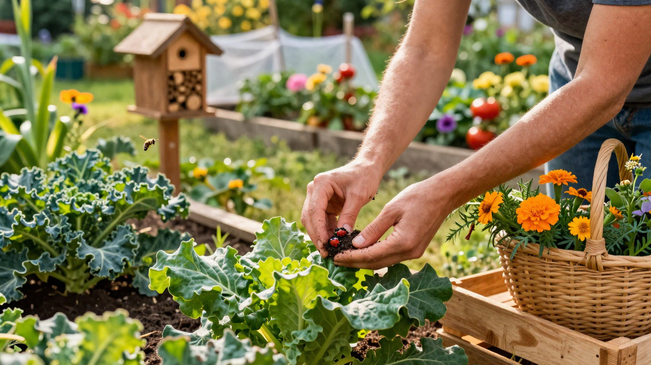 Person harvesting ripe red berries in a raised garden bed with flowers and a birdhouse in the background.
