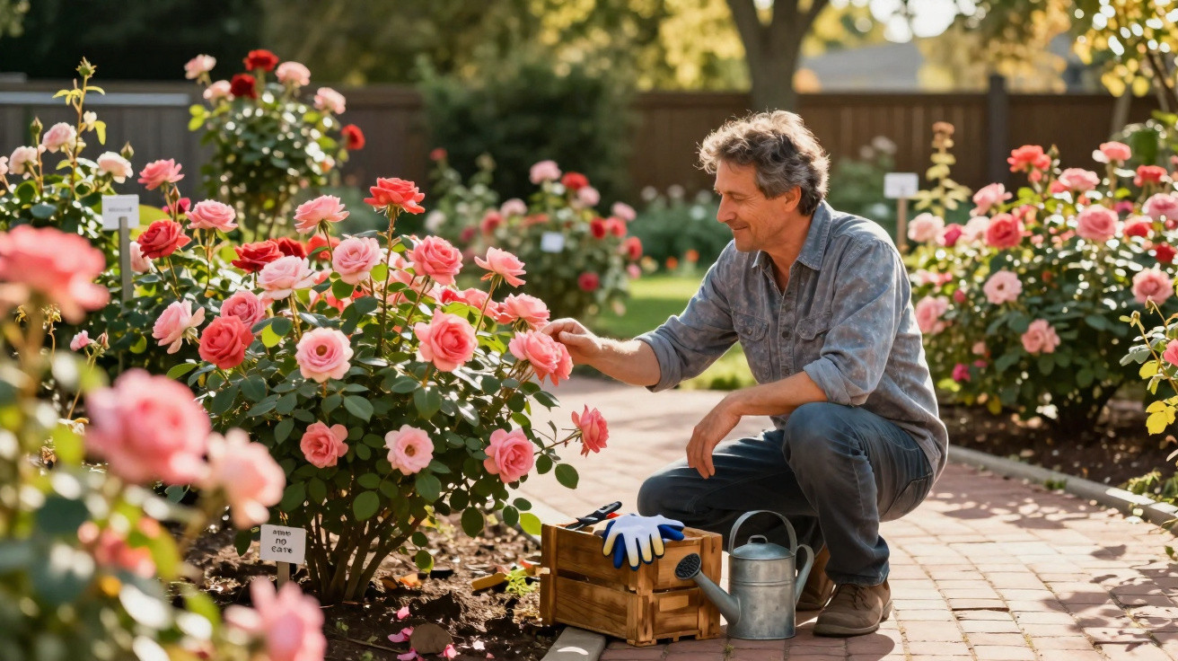 Man kneeling on a garden path tending to blooming pink and red rose bushes on a sunny day.