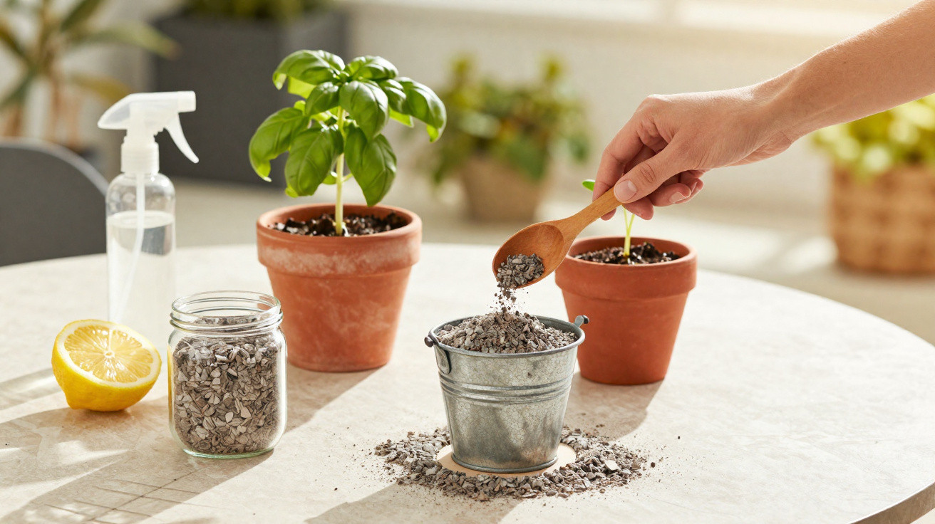 Hand adding crushed eggshells with a wooden spoon into a metal pot on a table with plants and a lemon.