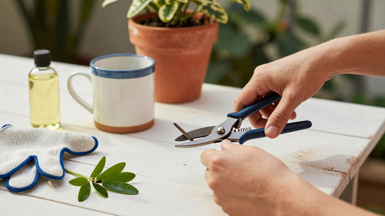 Hands holding pruning shears above a white wooden table with gardening gloves, a plant cutting, oil bottle, and potted plant.