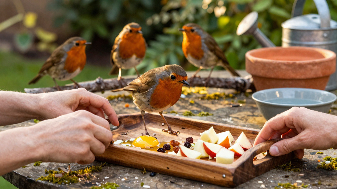 Four robins gathered around a wooden tray with fruit, nuts, and seeds held by two hands outdoors.