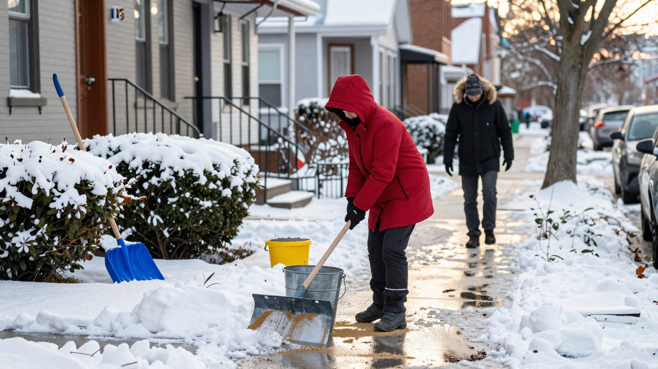 Person in red coat shovelling snow on a suburban sidewalk while another walks behind in a black coat.