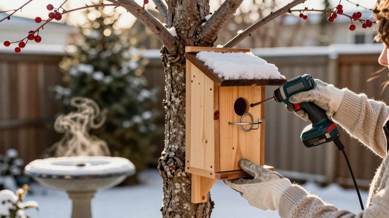 Person wearing gloves fixing a snow-covered wooden birdhouse on a tree with a cordless drill in winter.
