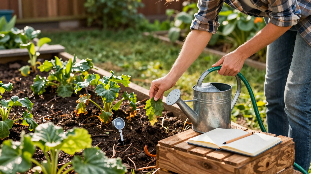 Person inspecting a leaf while watering plants in a garden with an open notebook on a wooden crate.