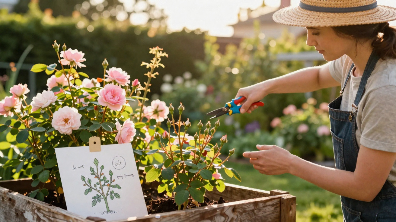 Woman wearing a straw hat and apron pruning rose plants in a wooden garden planter outdoors at sunset.