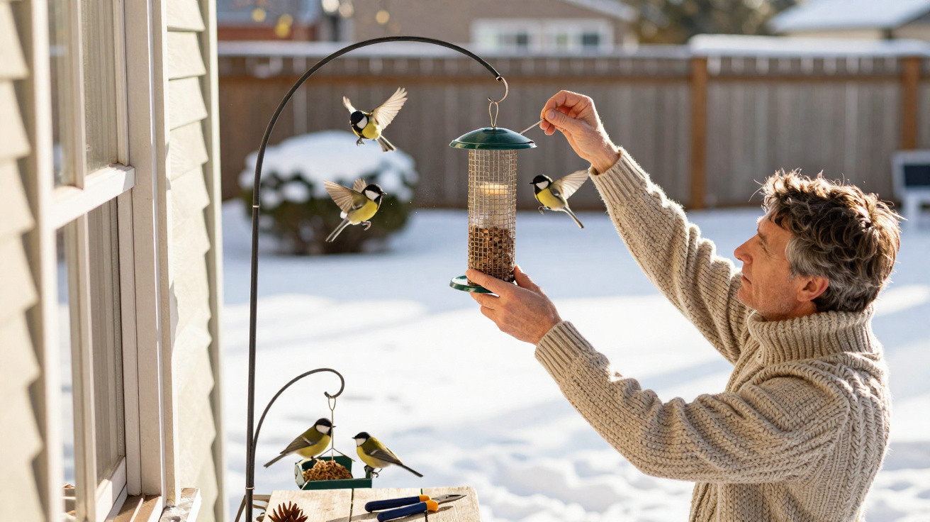 Man in a wool sweater refilling a hanging bird feeder outdoors with snow and five small birds nearby.